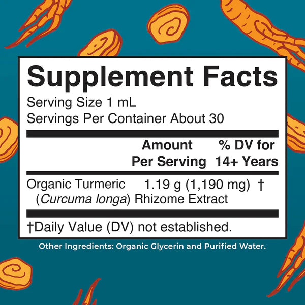 Supplement facts label with turmeric extract on a blue background