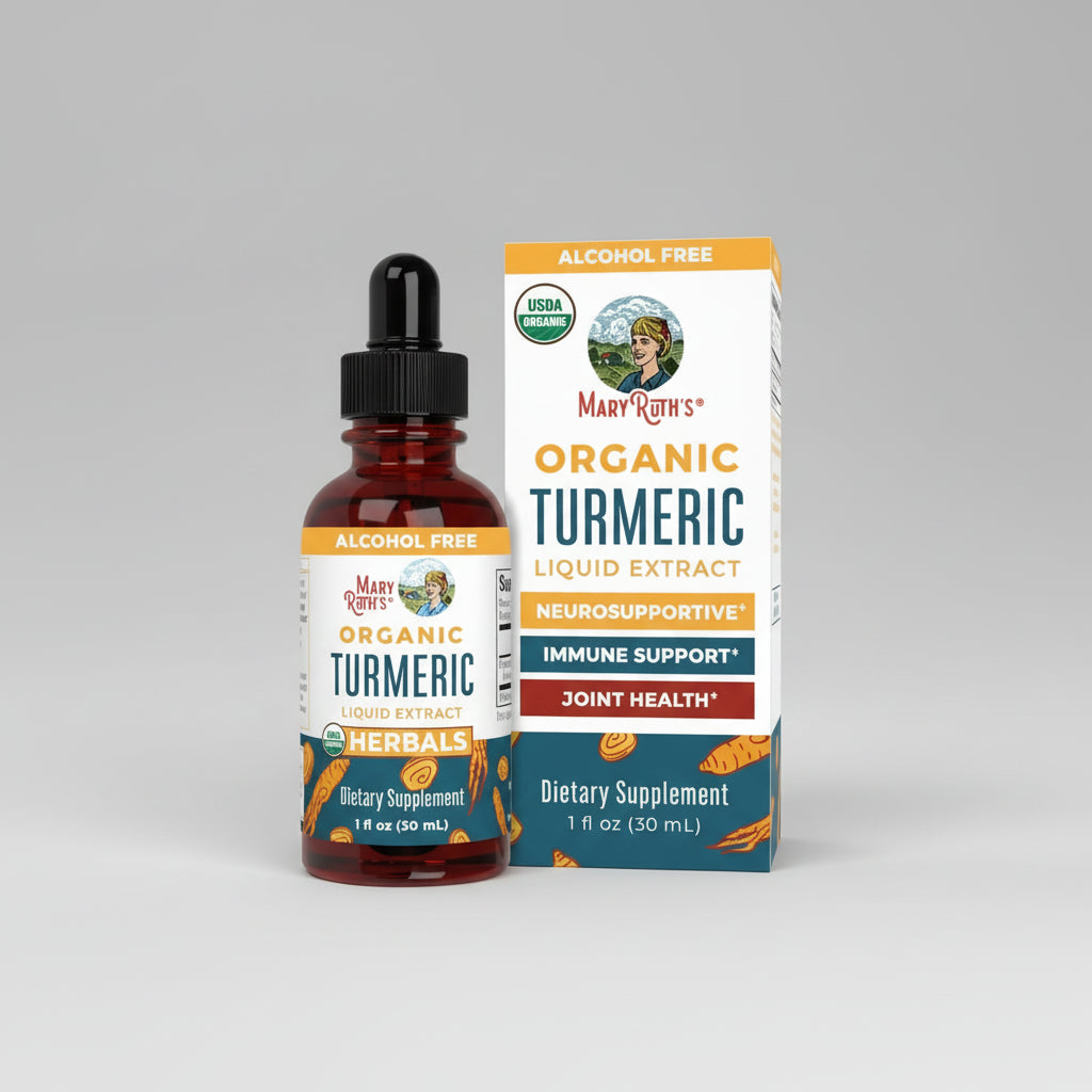 Mary Ruth's Organic Turmeric Liquid Extract bottle and packaging on a white background