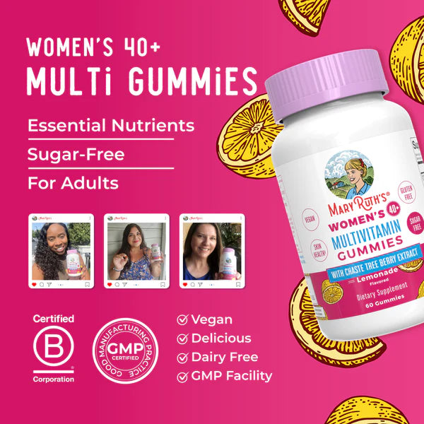 Multivitamin gummies packaging with lemon slices on a pink background