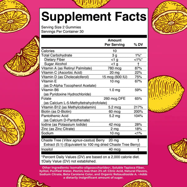 Supplement facts label with lemon slices on a pink background