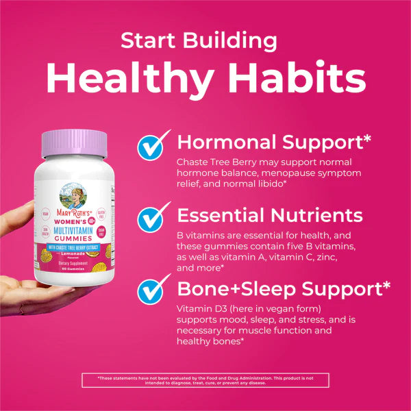 Multivitamin gummies with a pink background and text about health benefits on a pink background