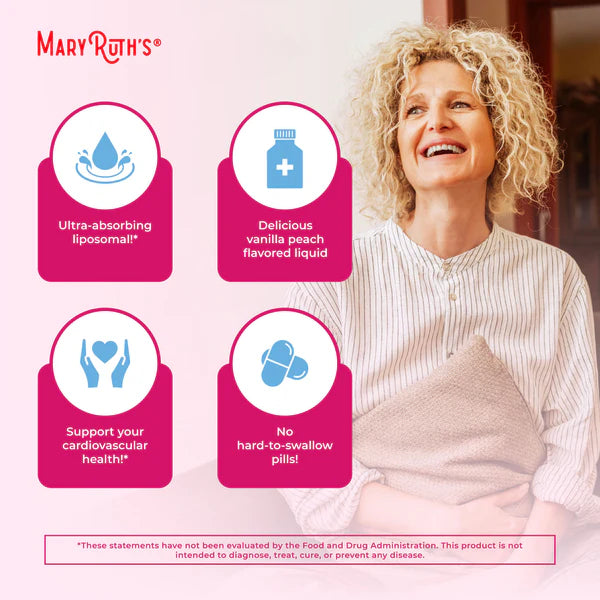 Woman sitting on a couch with Mary Ruth's product features displayed.