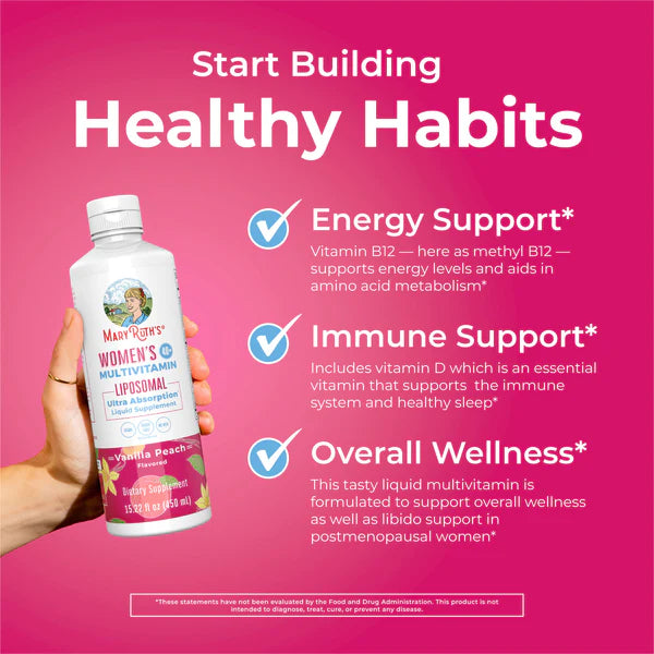 Multivitamin bottle held by a hand with text about energy, immune, and overall wellness support on a pink background