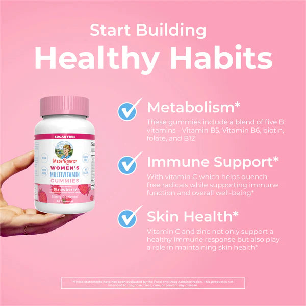 Hand holding a bottle of Women's Multivitamin Gummies with text on a pink background