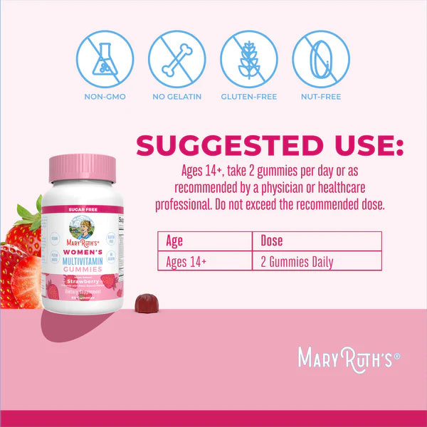 Mary Ruth's Women's Multivitamin gummies packaging with suggested use and product details on a pink background.