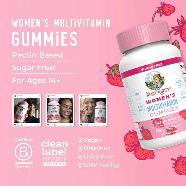 Mary Ruth's Women's Multivitamin Gummies on a pink background with product details and certifications.