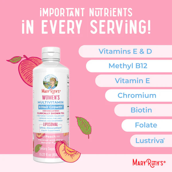 Mary Ruth's Women's Multivitamin bottle with vitamins listed on a pink background