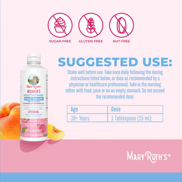 Mary Ruth's Women's Multi-Vitamin bottle with suggested use and product details on a pink background
