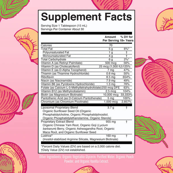 Supplement facts label with a pink background and peach illustrations