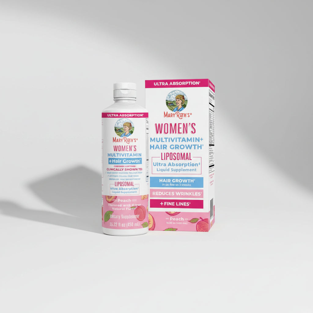 Mary Ruth's Women's Multivitamin + Hair Growth supplement bottle and packaging on a white background