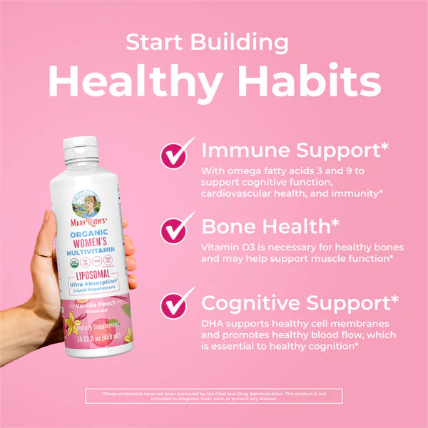 Multivitamin bottle with health benefits on a pink background