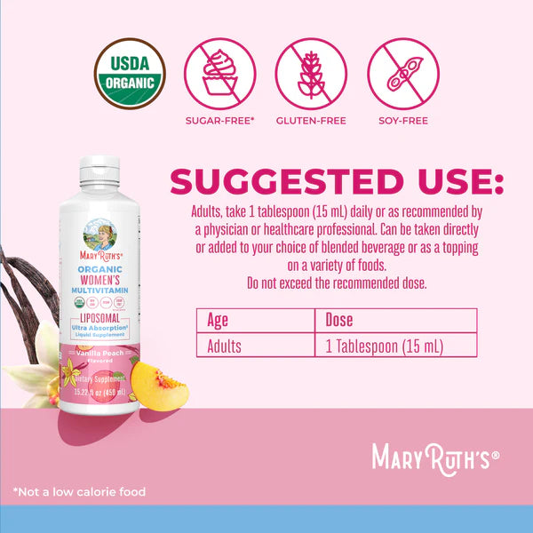Mary Ruth's Organic Vanilla Multivitamin bottle with suggested use and product details on a pink background