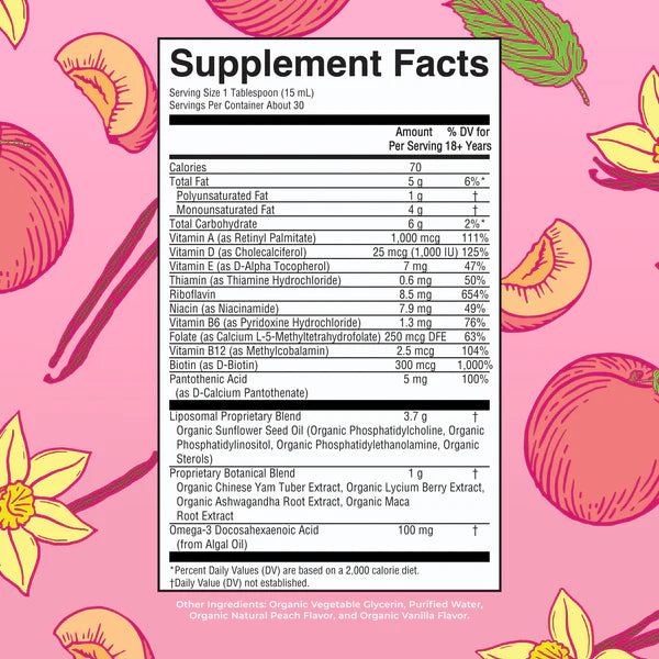 Supplement facts label with botanical illustrations on a pink background