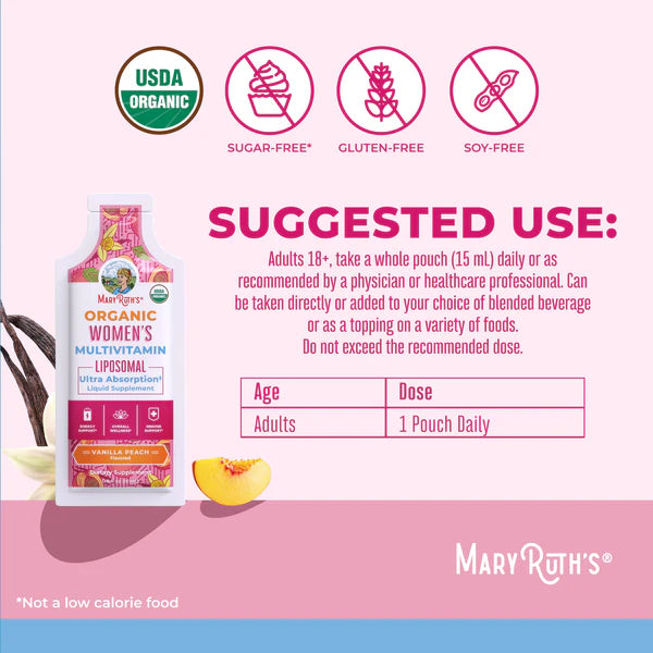 Mary Ruth's Organic Women's Multivitamin packaging with suggested use and product details on a pink background.