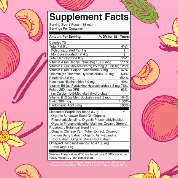 Supplement facts label on a pink background with fruit illustrations
