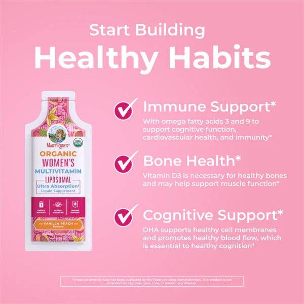Multivitamin package with health benefits on a pink background