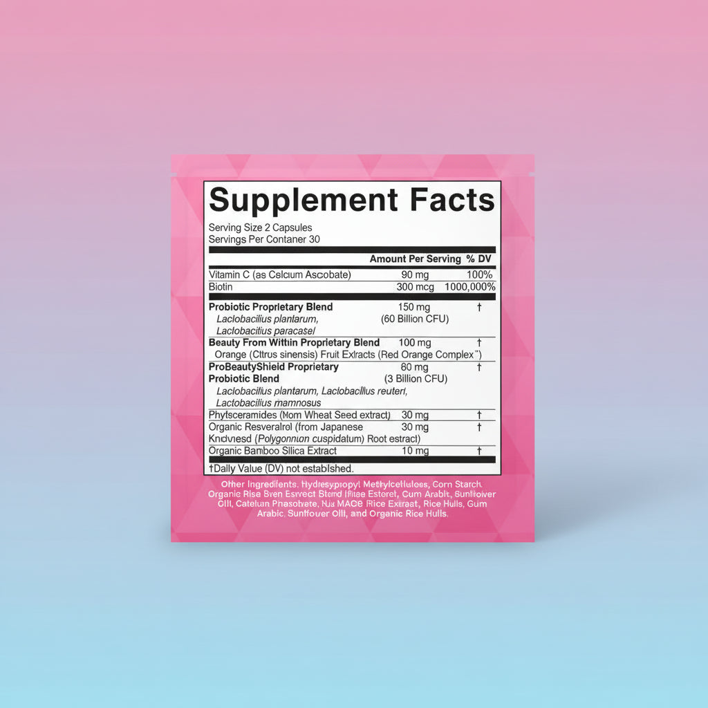 Supplement facts label with ingredients on a pink geometric pattern background