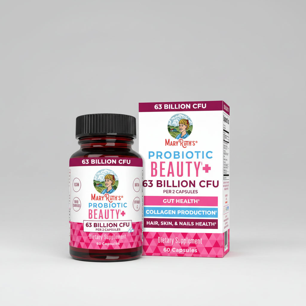 Mary Ruth's Probiotic Beauty+ supplement bottle and packaging on a white background