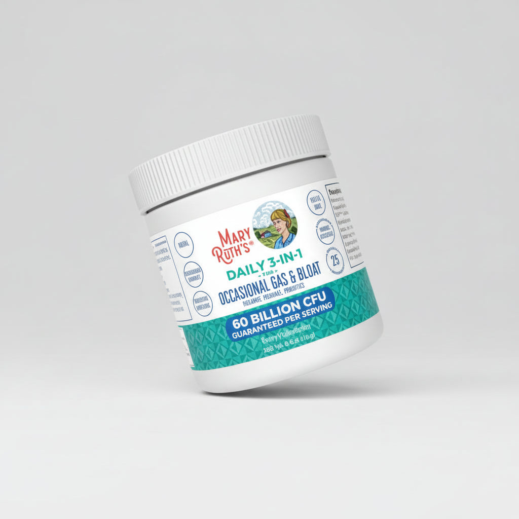 Mary Ruth's 3-in-1 Daily Occasional Gas & Bloat supplement container with text on a teal background