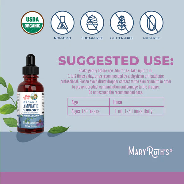 Mary Ruth's Lymphatic Support product with suggested use and label details on a light blue background