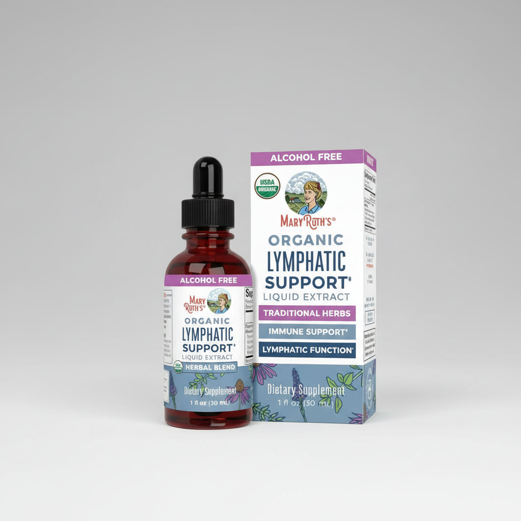 Mary Ruth's Organic Lymphatic Support liquid extract bottle and packaging on a white background