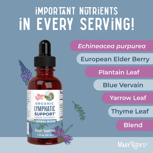 Mary Ruth's Organic Lymphatic Support supplement bottle with herbs on a blue background