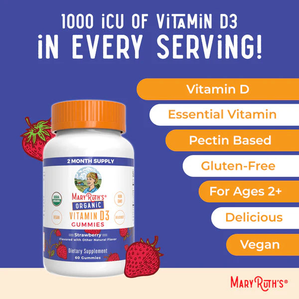 Mary Ruth's Organic Vitamin D3 Gummies bottle with strawberry illustration on a blue background