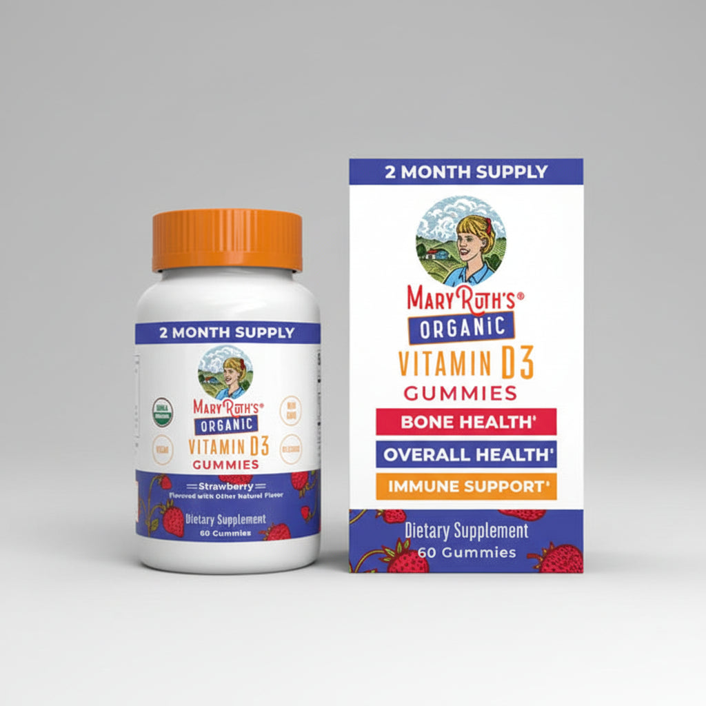 Mary Ruth's Organic Vitamin D3 Gummies bottle and packaging on a white background