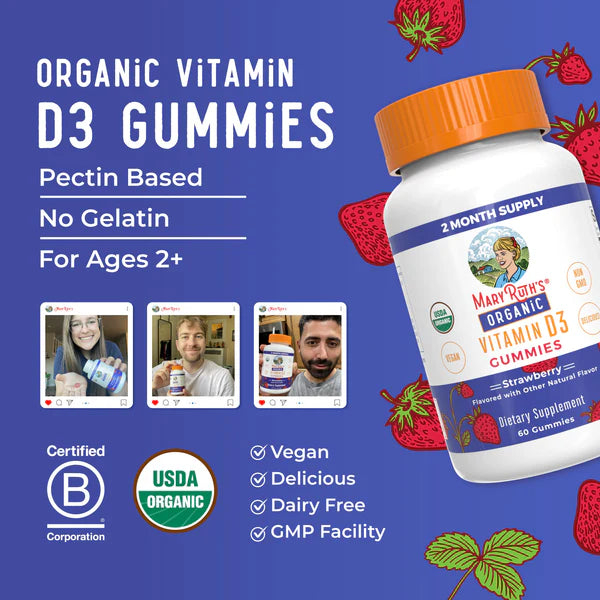 Mary Ruth's Organic Vitamin D3 Gummies packaging with strawberry flavor on a blue background