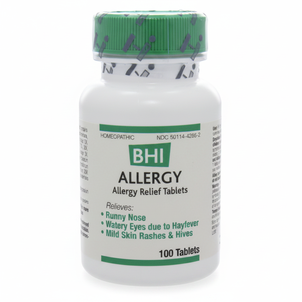 Bottle of BHI Allergy Relief Tablets on a white background