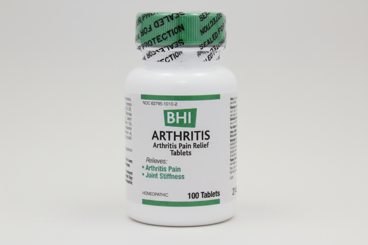 Bottle of BHI Arthritis Pain Relief Tablets on a white background