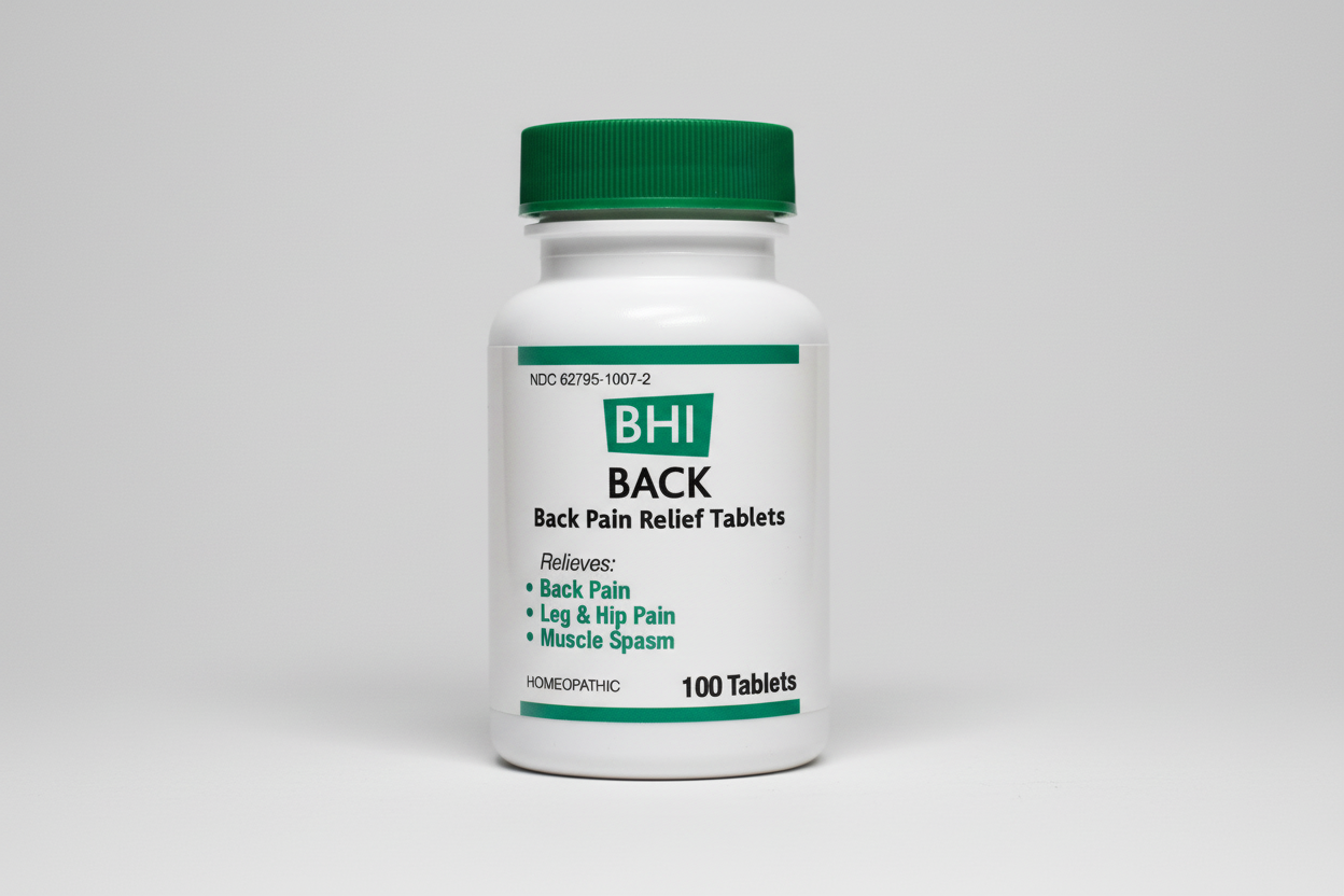 Bottle of BHI Back Pain Relief Tablets on a white background