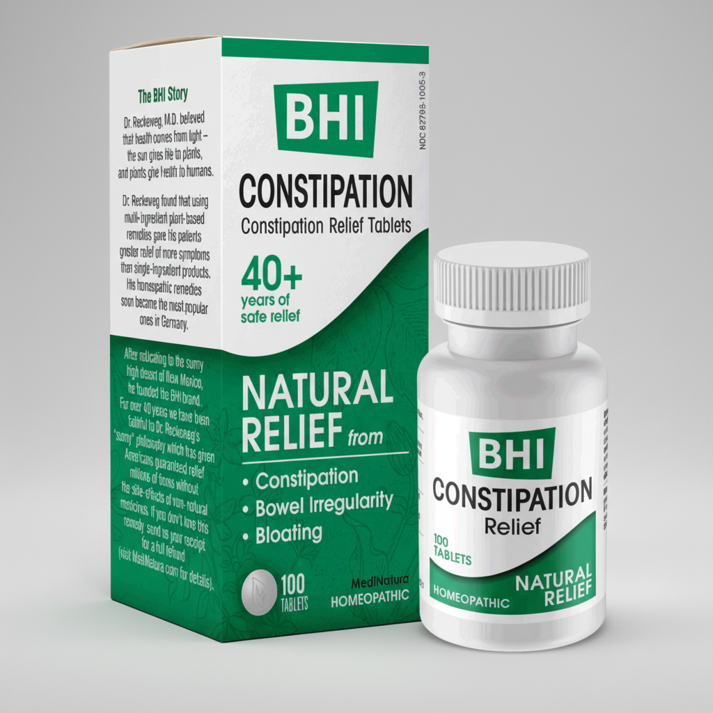 BHI Constipation Relief tablets packaging with bottle on a white background