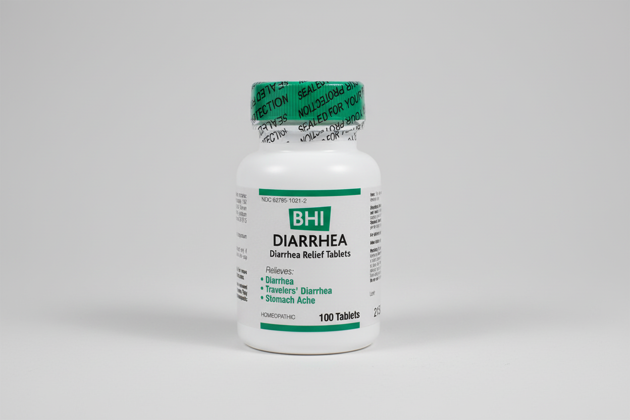 Bottle of BHI Diarrhea Relief Tablets on a white background