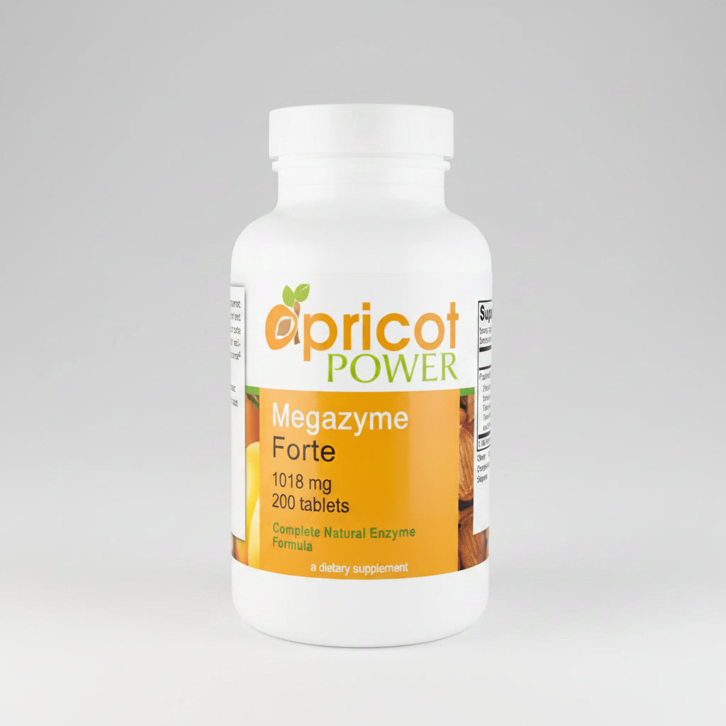 Bottle of Apricot Power Megazyme Forte supplement on a white background