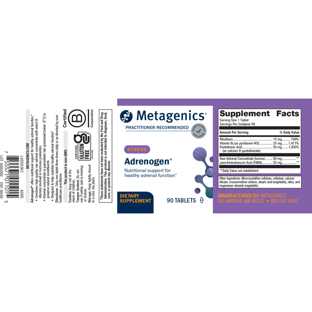 Metagenics Adrenogen supplement label on a white background