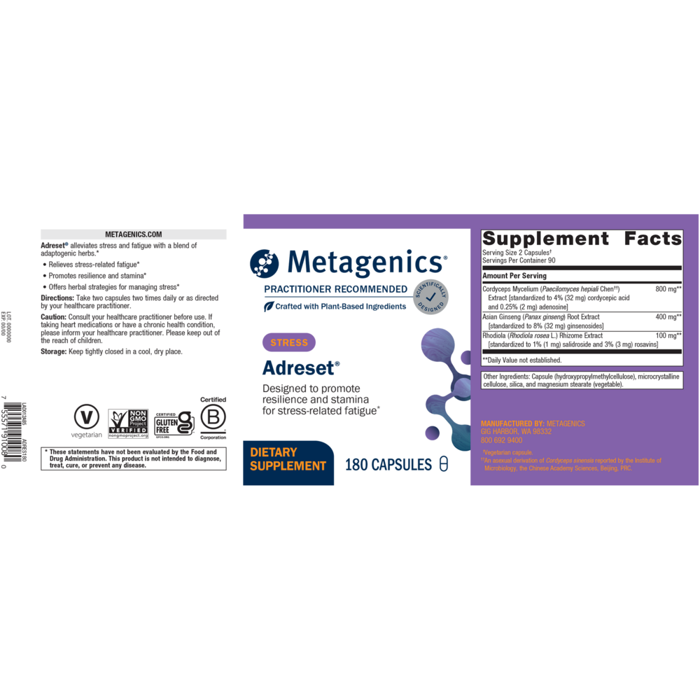 Metagenics Adrestet dietary supplement label on a white background