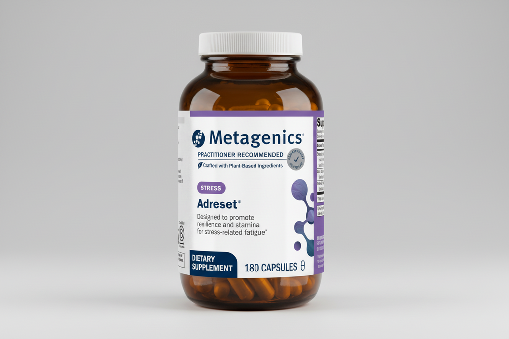 Metagenics Adresté dietary supplement bottle on a gray background