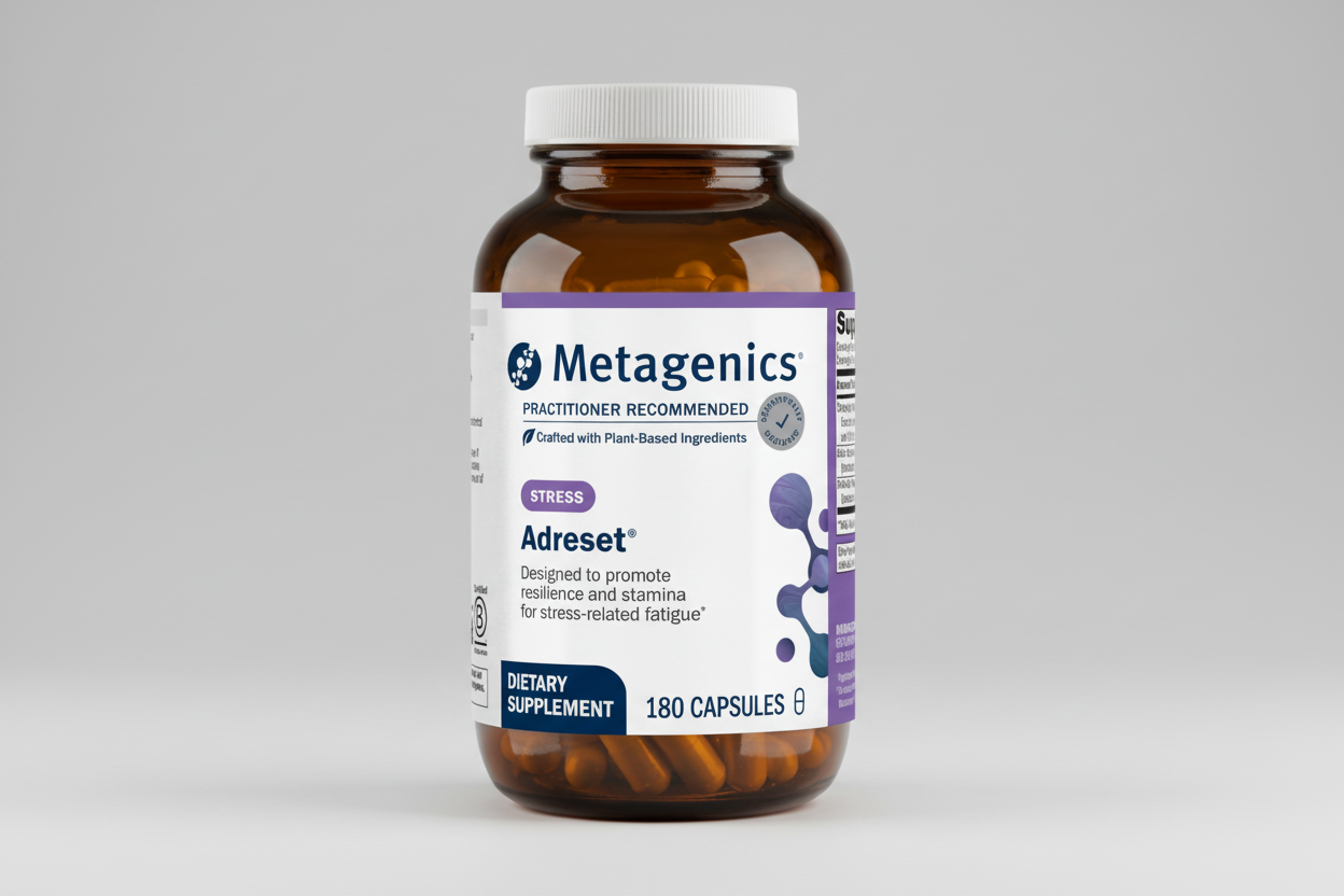 Metagenics Adresté dietary supplement bottle on a gray background