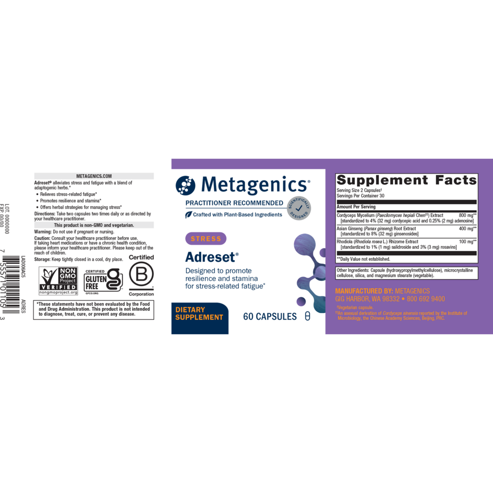 Metagenics Adrestet supplement label on a white background