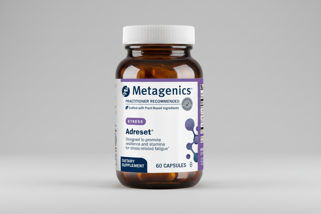 Metagenics Adreset supplement bottle on a gray background