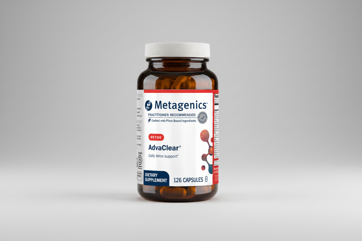 Metagenics AdvClear dietary supplement bottle on a gray background