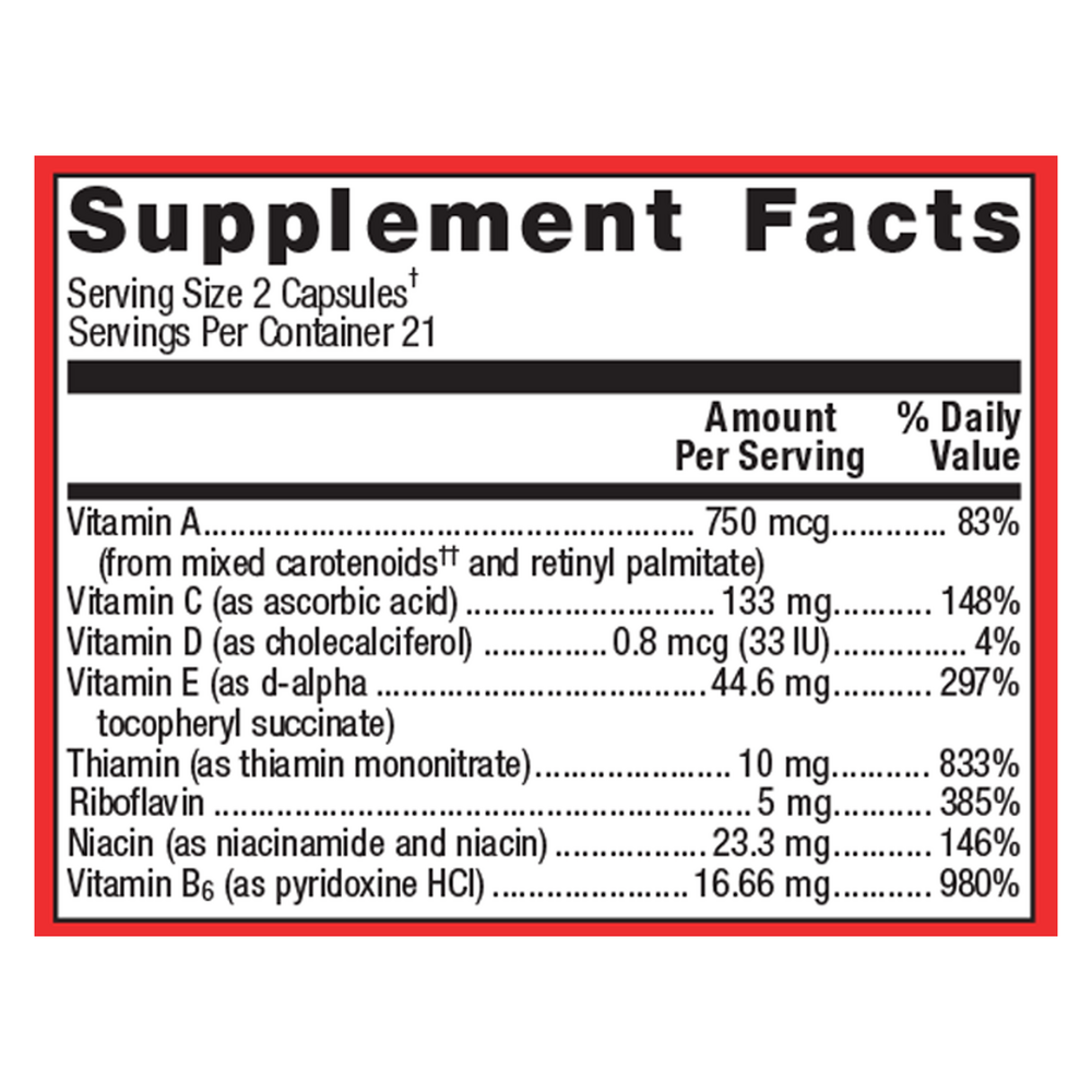 Supplement facts label with various vitamins and their amounts on a white background