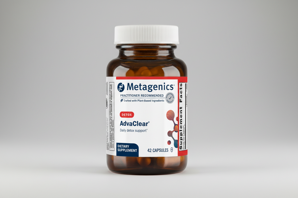 Metagenics AdvaClear dietary supplement bottle on a white background