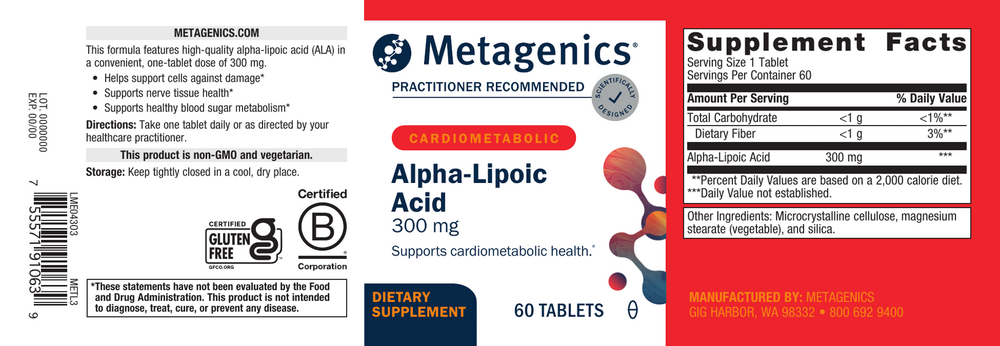 Metagenics Alpha-Lipoic Acid supplement label with supplement facts and branding.