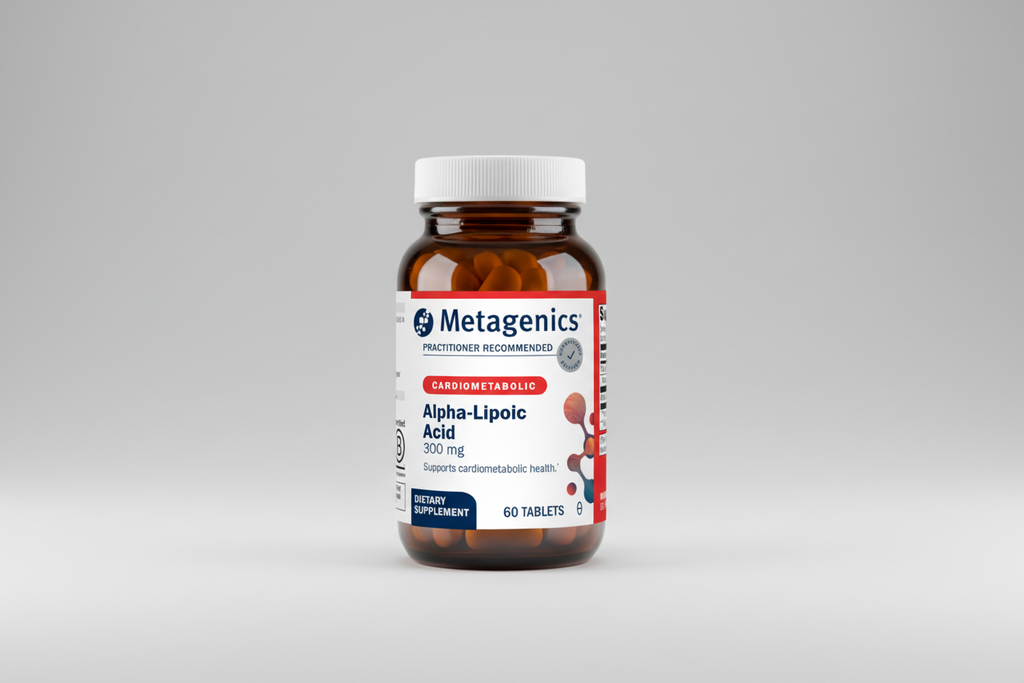 Metagenics Alpha-Lipoic Acid supplement bottle on a gray background