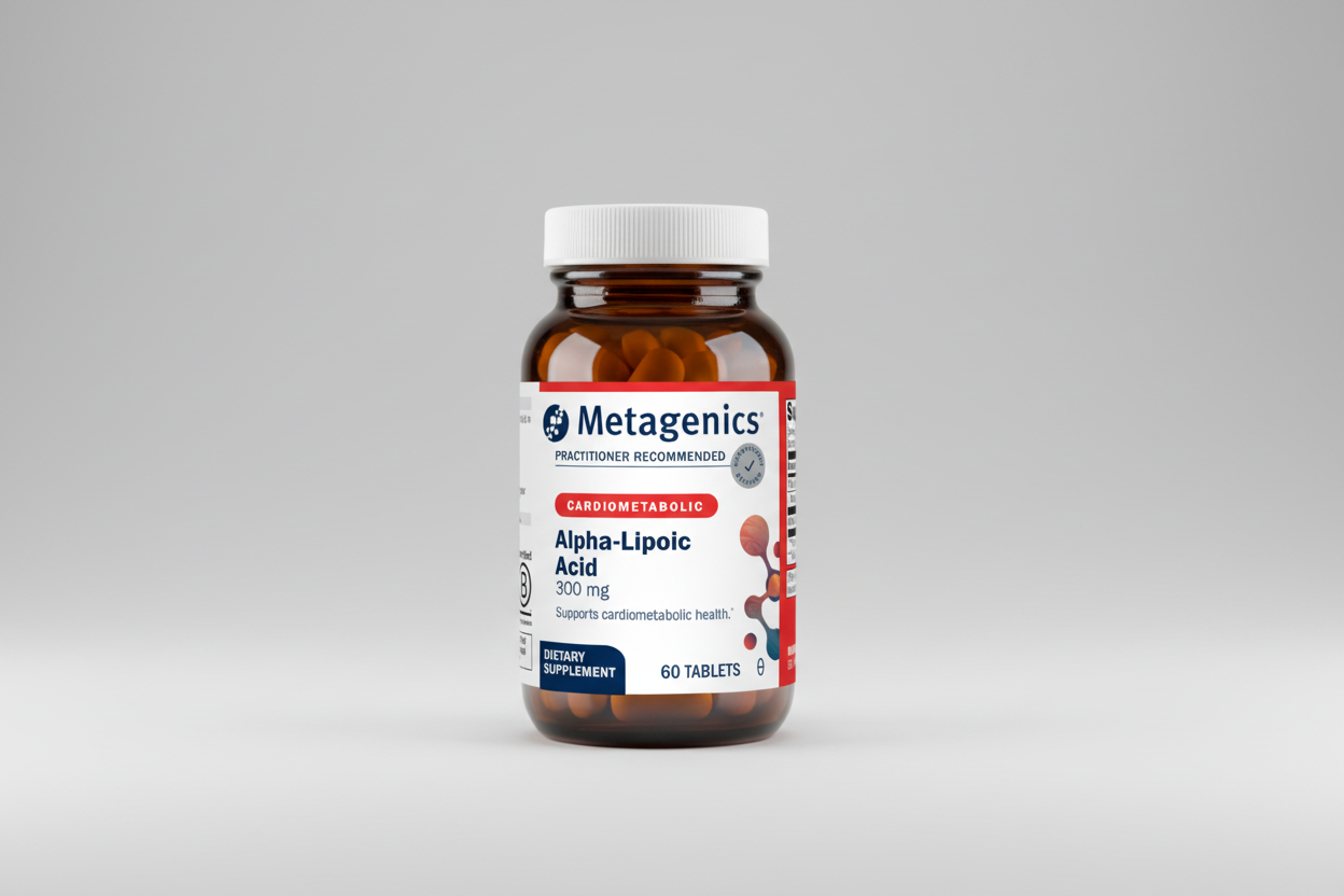 Metagenics Alpha-Lipoic Acid supplement bottle on a gray background