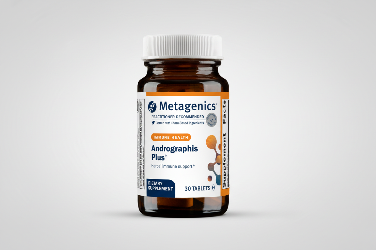 Metagenics Andrographis Plus supplement bottle on a light gray background