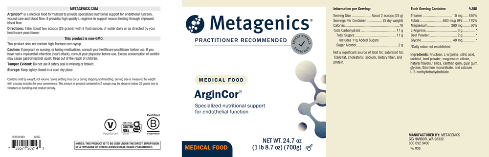 Metagenics ArgiCor medical food supplement label on a white background