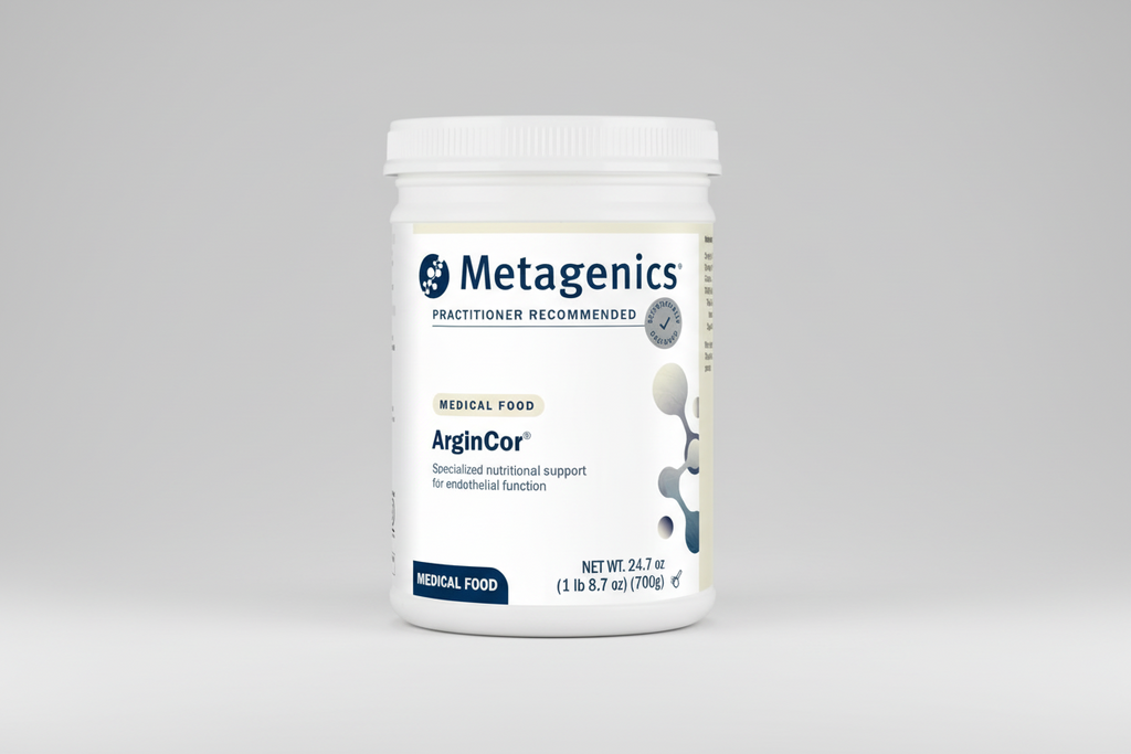 Metagenics ArginCor supplement container on a gray background